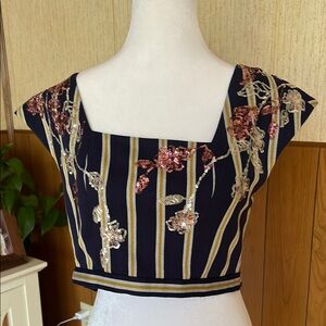 BCBG Women Blue and Yellow Crop Embellished Blouse SIZE XXS